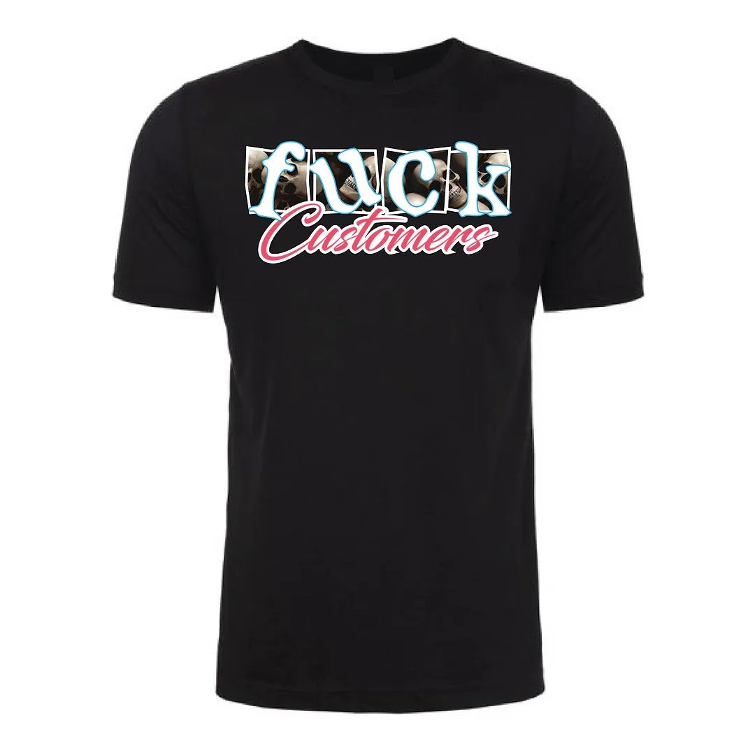 Front view of a black Gutter Brudderz T-shirt featuring the ‘Fuck Customers’ graphic with the text ‘fuck customers. 