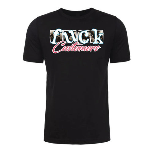 Front view of a black Gutter Brudderz T-shirt featuring the ‘Fuck Customers’ graphic with the text ‘fuck customers. 