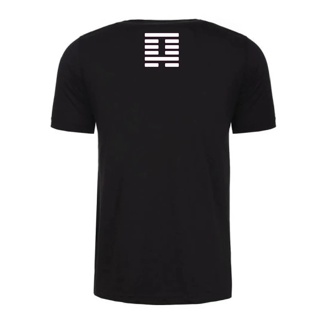 Back view of a black Gutter Brudderz T-shirt featuring the Meng logo.