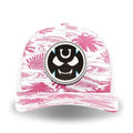 Pink and white Paradise-pattern trucker cap with a front leather patch featuring the Gutter Brudderz Monster #3 logo. 