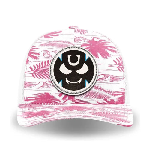 Pink and white Paradise-pattern trucker cap with a front leather patch featuring the Gutter Brudderz Monster #3 logo. 