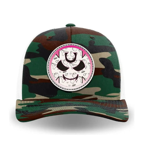 Green and brown Traditional Camouflage trucker cap with a front leather patch featuring the Gutter Brudderz Monster #4 logo.