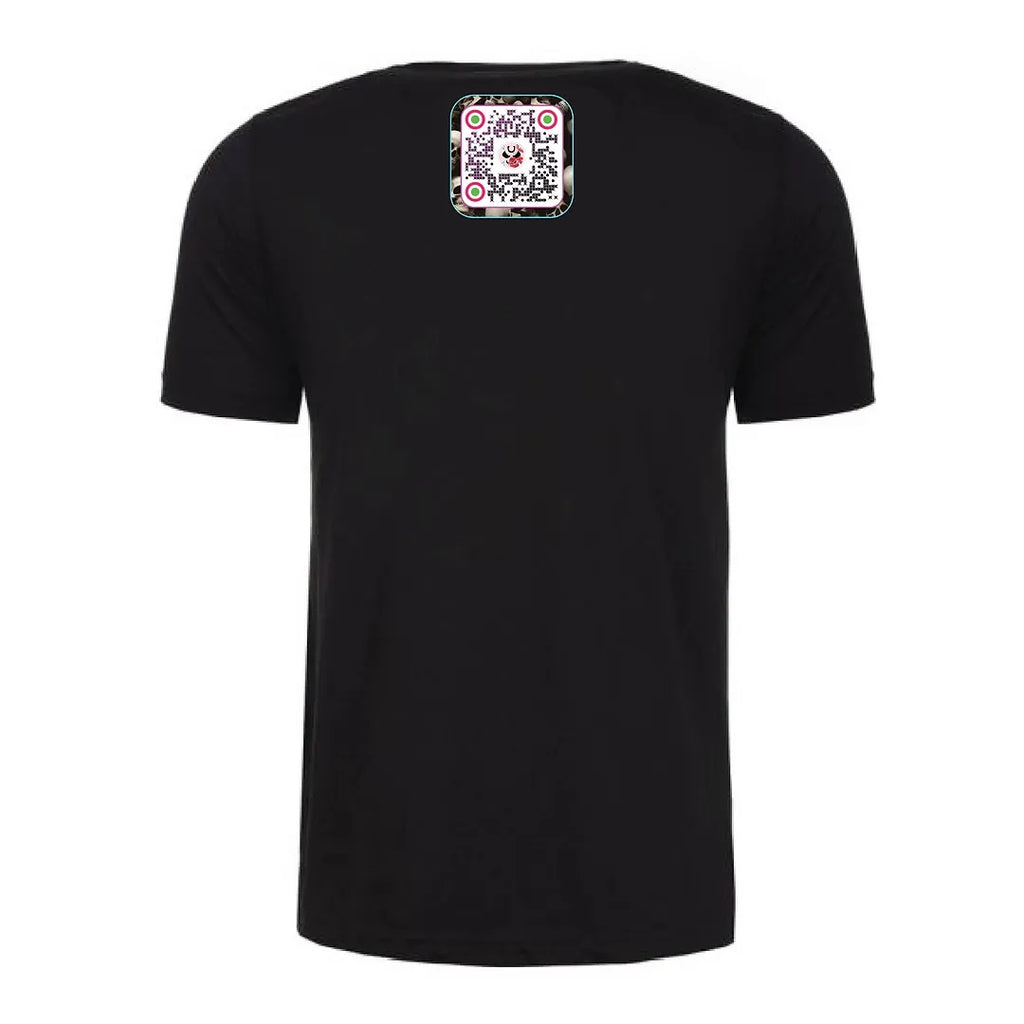 Back view of a black Gutter Brudderz T-shirt featuring the QR Code logo.