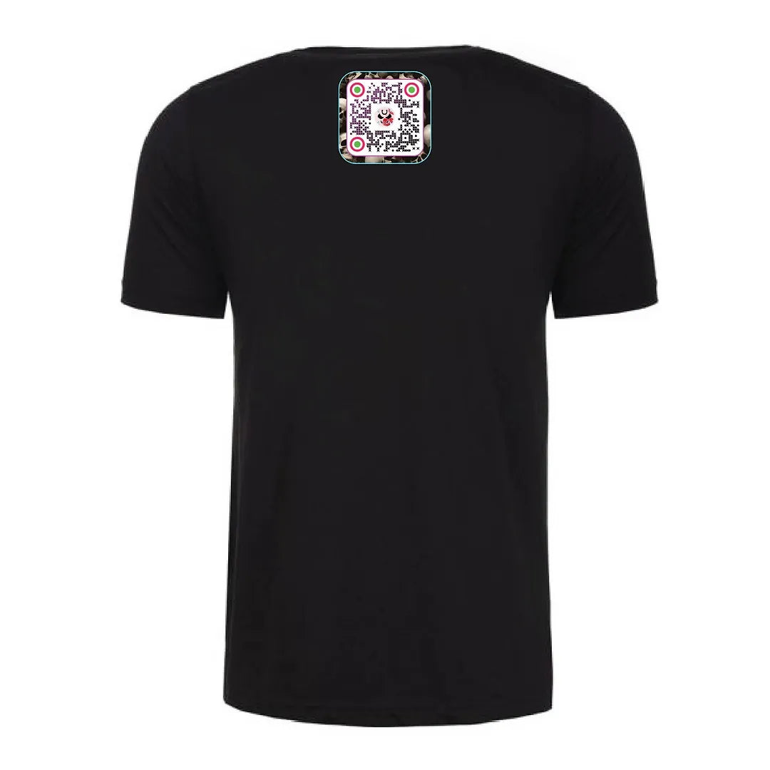 Back view of a black Gutter Brudderz T-shirt featuring the QR Code logo.