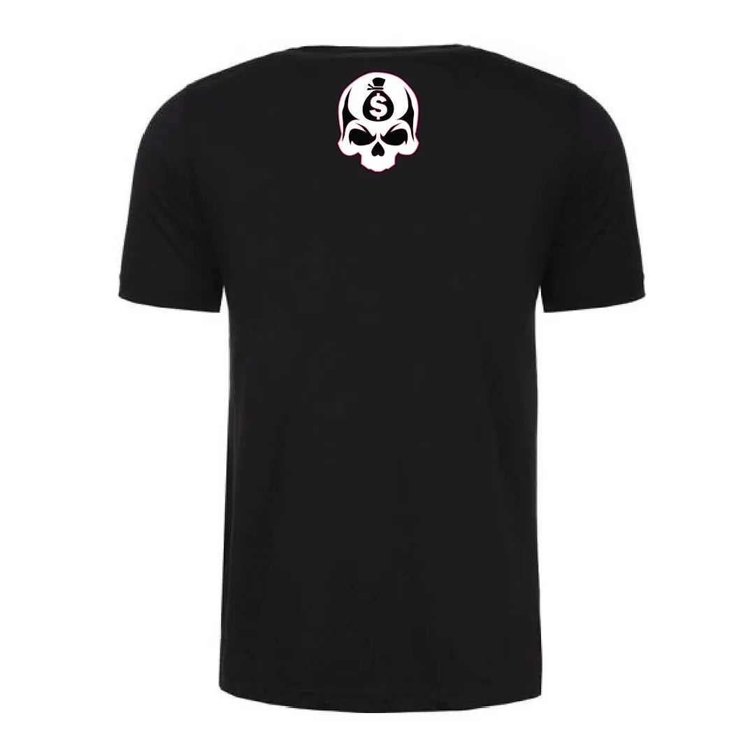 Back view of a black Gutter Brudderz T-shirt featuring the Sturdy logo.