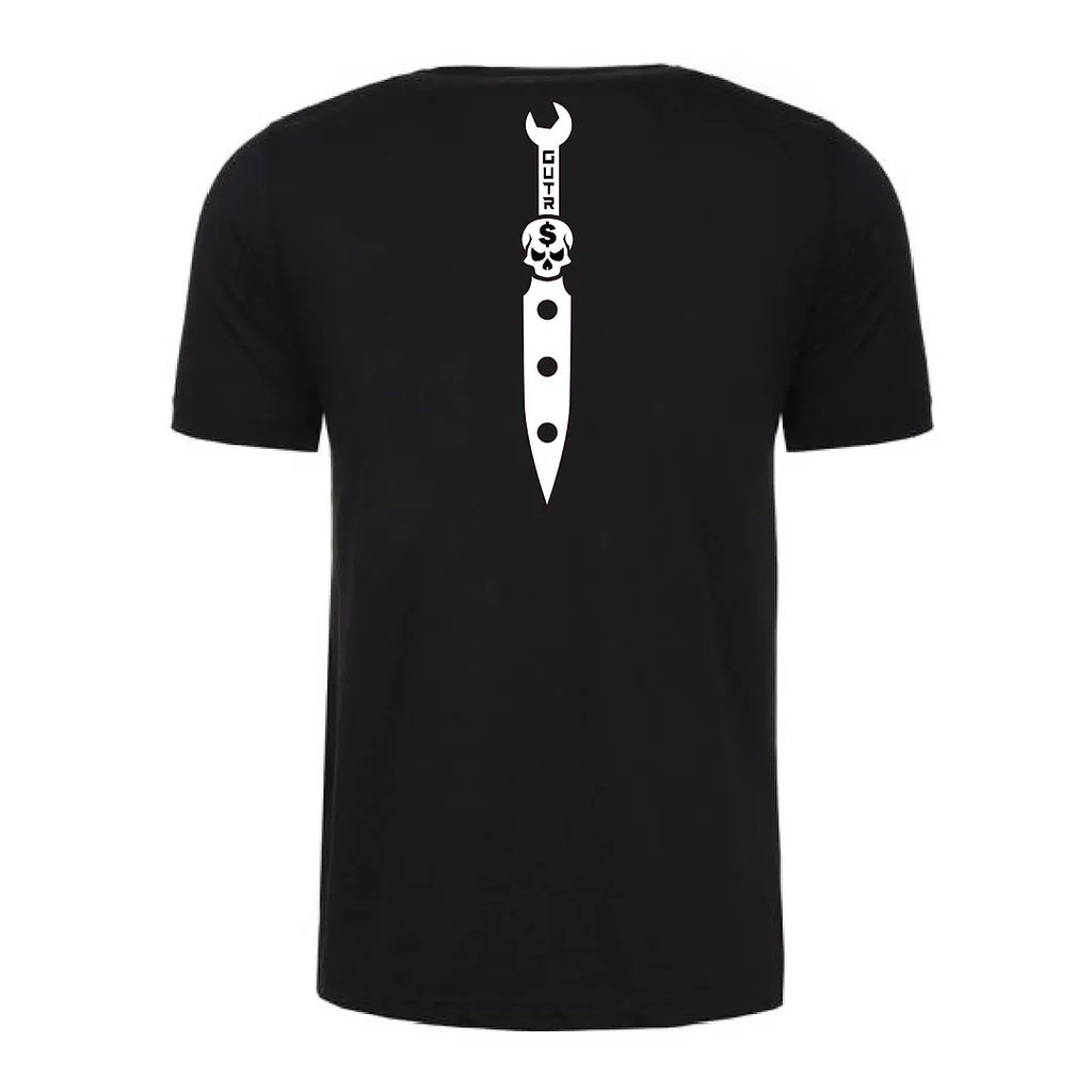 Back view of a black Gutter Brudderz T-shirt featuring the Tooly logo.