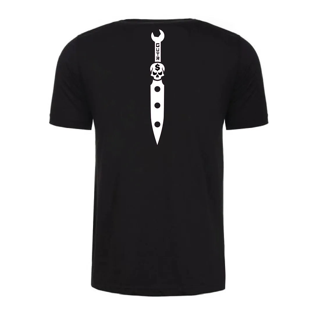 Back view of a black Gutter Brudderz T-shirt featuring the Tooly logo.